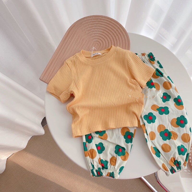 Ropa de bebé coreana para niñas de 2 a 7, de Color sólido Blusa de algodón de manga corta con cuello redondo, Top: YELLOW / 7 años