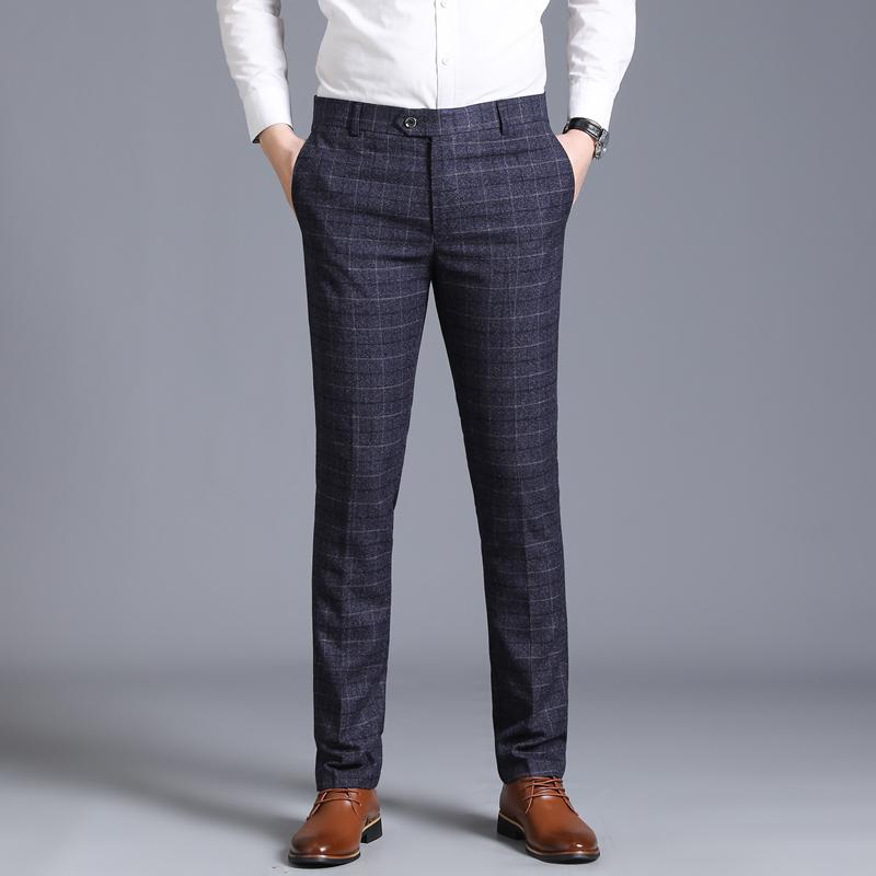 Zipper Fly Pocket Side Checked Suit Pants Men Casual Steetwear Business Casual Plaid Pants Formal Office Trousers