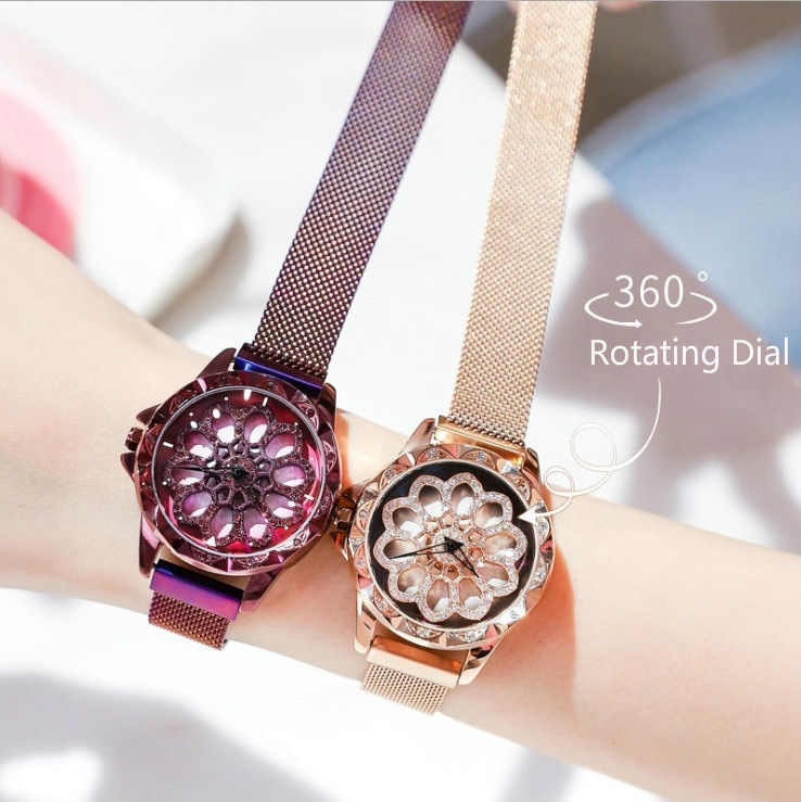 Horloge dames merk luxe 360 graden roterende diamant wijzerplaat horloges mesh magneet dameshorloge quartz klok relogio femino