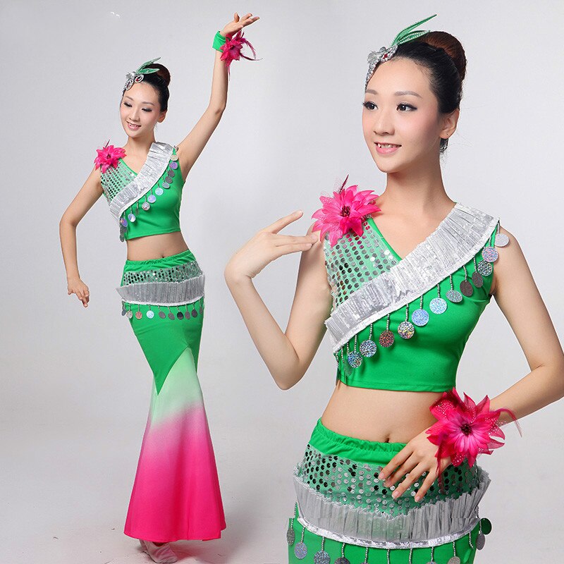 Ropa de baile Dai Pavo Real disfraz chino danza folclórica ropa de baile nacional Ethinc lentejuelas elásticas disfraz de cola de pez