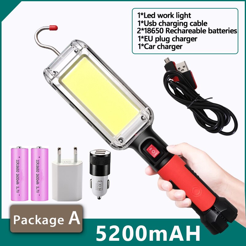 200w kraftige lommelykter 5200 mah lommelykt usb oppladbar kolbe arbeidslys med magnetkrok campingtelt arbeidsvedlikeholdslykt: Pakke a