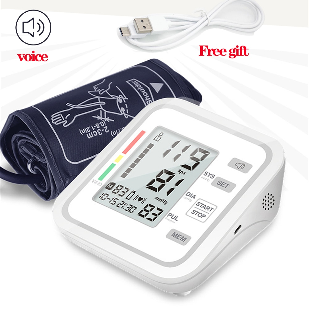 Digitale Voice Bovenarm Bloeddrukmeter Pulse Gauge Meter Bp Hartritme Bloeddrukmeter Dubbele Geheugen