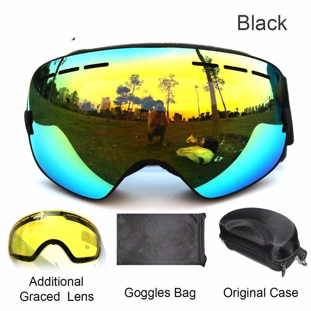 BENICE snowboard goggles 2 dubbele lens UV400 anti-fog sferische ski bril skiën mannen vrouwen ski bril + lens + Box Set: Black