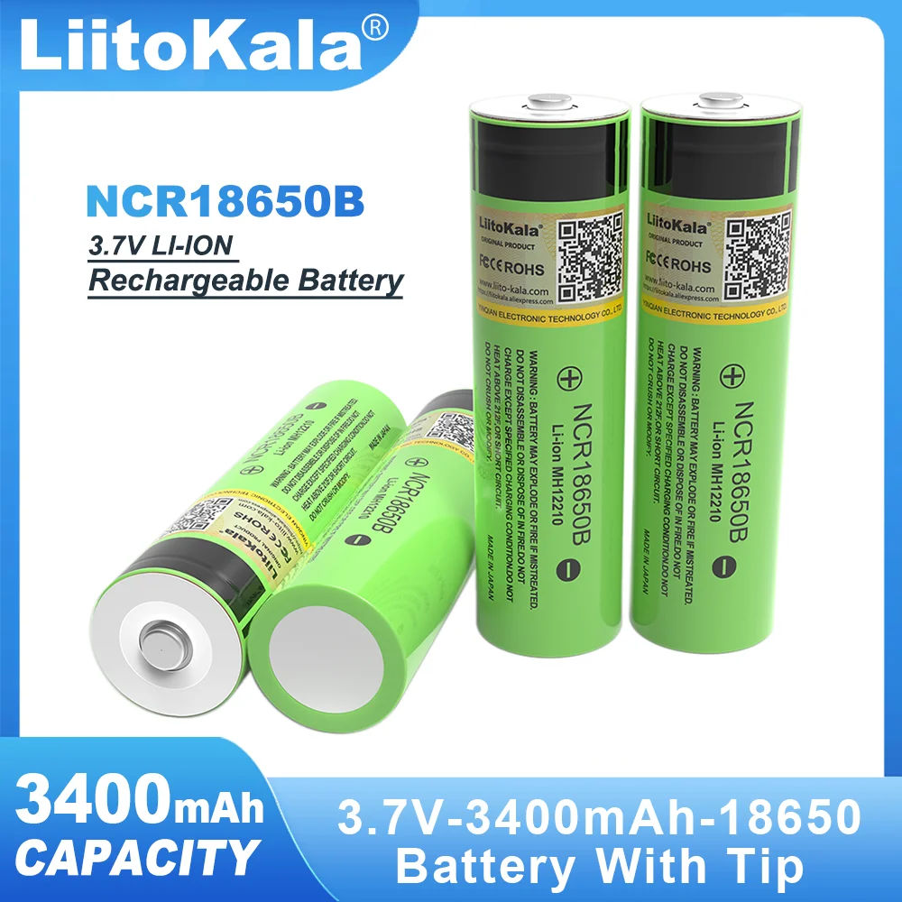 LiitoKala 100% Original NCR18650B 3.7v 3400mAh 18650 Lithium Rechargeable Battery with Pointed(No PCB) For Flashlight batteries