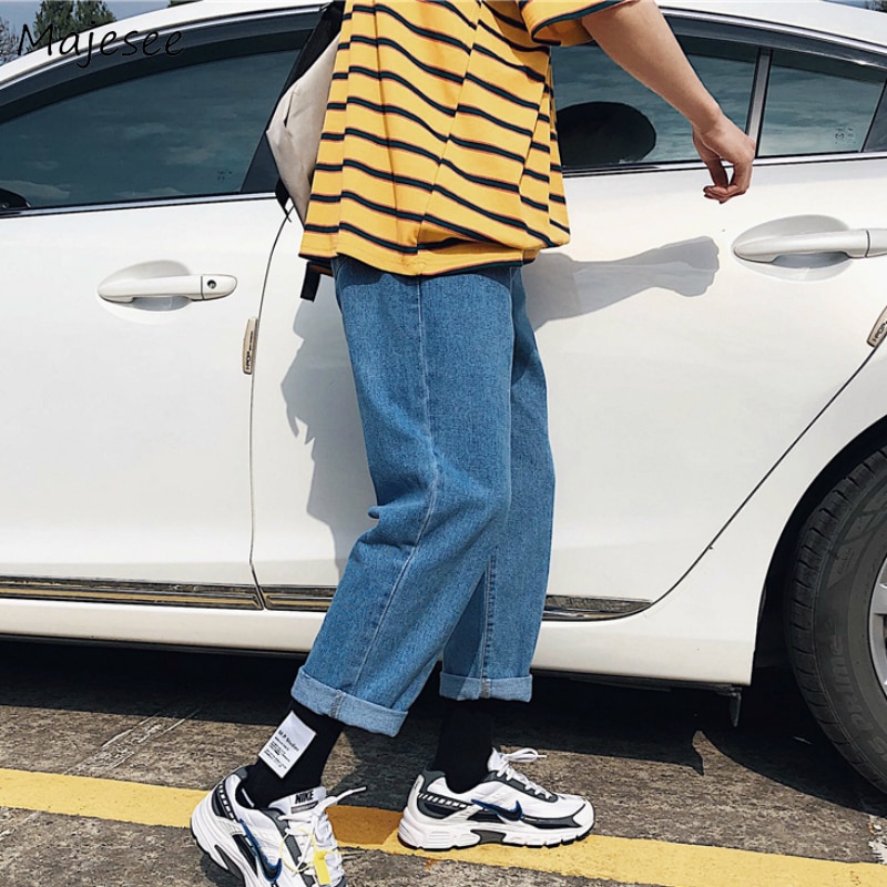 Jeans menn rette bukser løs fritid trendy harajuku herre ankellang enkel matchende pluss størrelse 3xl bunt solid retro