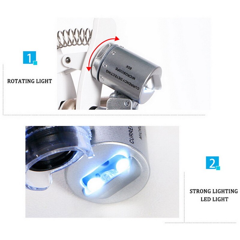 60x zoom clip-on förstoringsglas för telefonförstoringsglas med 2 led-lampor och uv-ljus