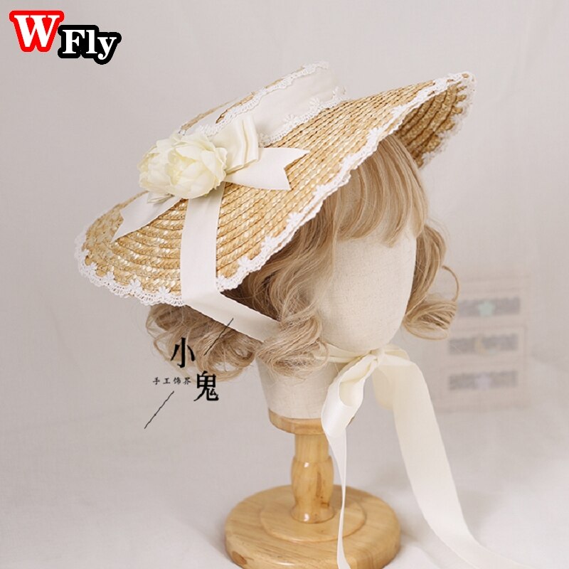Chapeau de soleil en paille pour femmes et filles, japonais, Lolita, fait à la main, ruban de fleurs en dentelle, nœud papillon à large bord, chapeaux de paille élégants: style 3