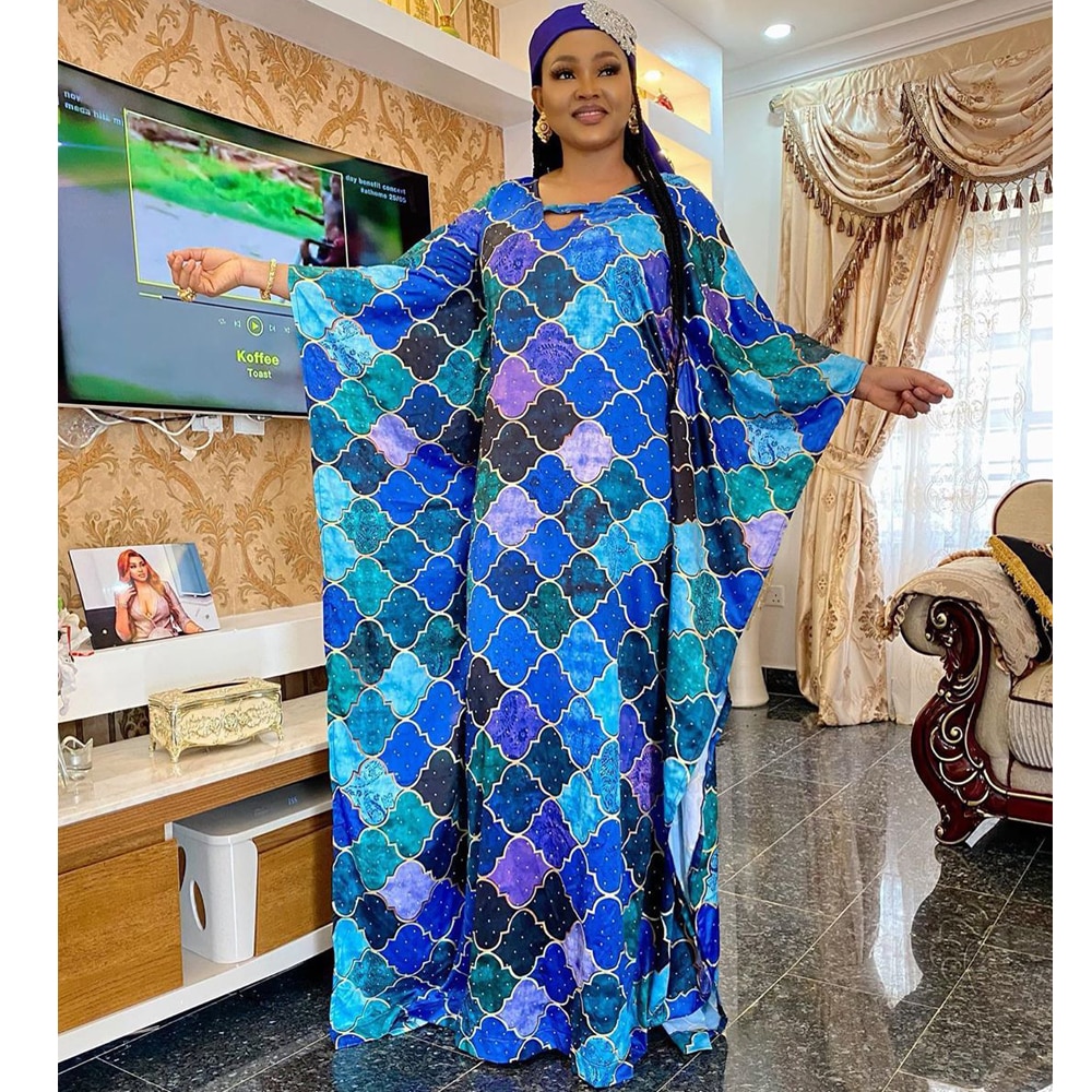MD African Print Silk Dresses For Women Plus Size Dashiki Long Dress South Africa Lady Dress Shiny Stones Boubou Abaya
