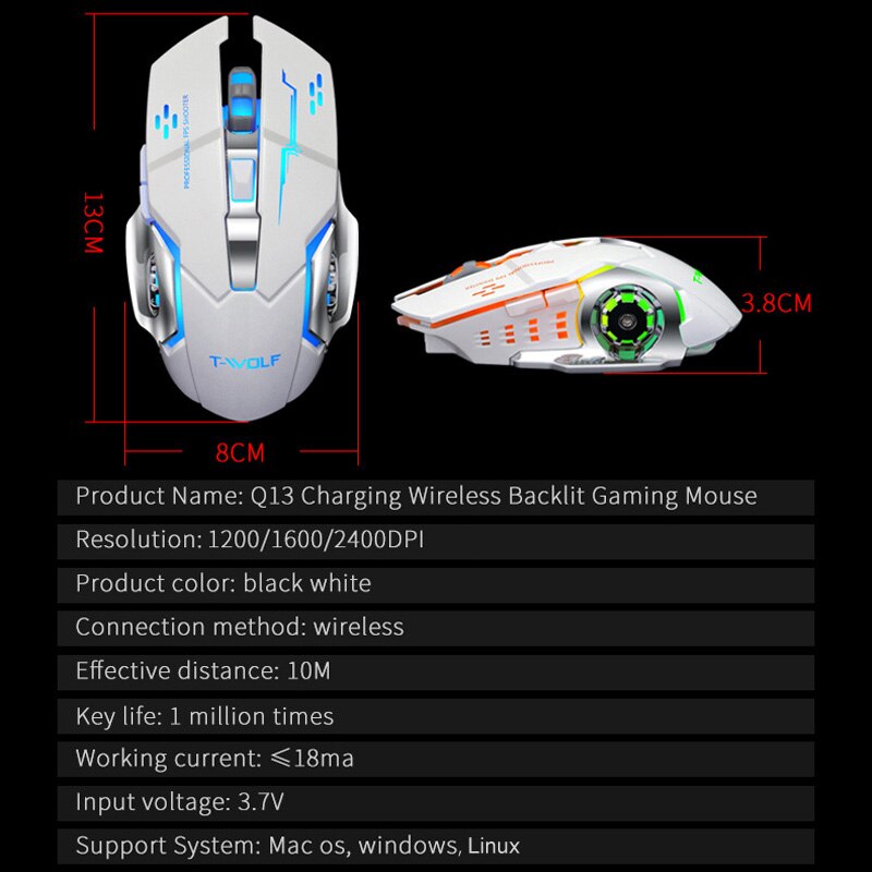 Souris de jeu sans fil Rechargeable Q13, silencieuse et ergonomique, 6 touches, rétroéclairage rvb, T-WOLF DPI, pour ordinateur portable Pro Gamer, 2400
