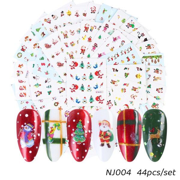 44Pcs Kerst Stickers Voor Nail Set Sneeuwpop Kerstman Kat Water Transfer Slider Winter Nail Art Decoraties Voor Manicure CHNJ004-2: NJ004 44pcs