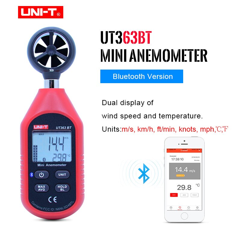 UNI-T UT363BT Wind Speed Meter Digital Bluetooth Pocket Size Anemometer Measurement Thermometer Mini Wind Meter Anemometer