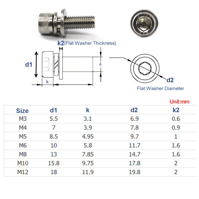 (20pcs to 10pcs) M8 Hex Socket Screws With Washer Split Lock 304 Stainless Steel Machine Screws 16/20/25/30/35/40/45/50mm