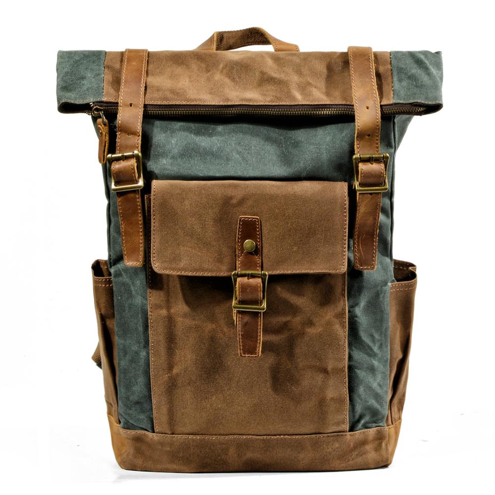 MUCHUAN Luxury Vintage Canvas Backpacks for Men Oil Wax Canvas Leather Travel Backpack Large Waterproof Daypacks Retro Bagpack: 9120Lake green