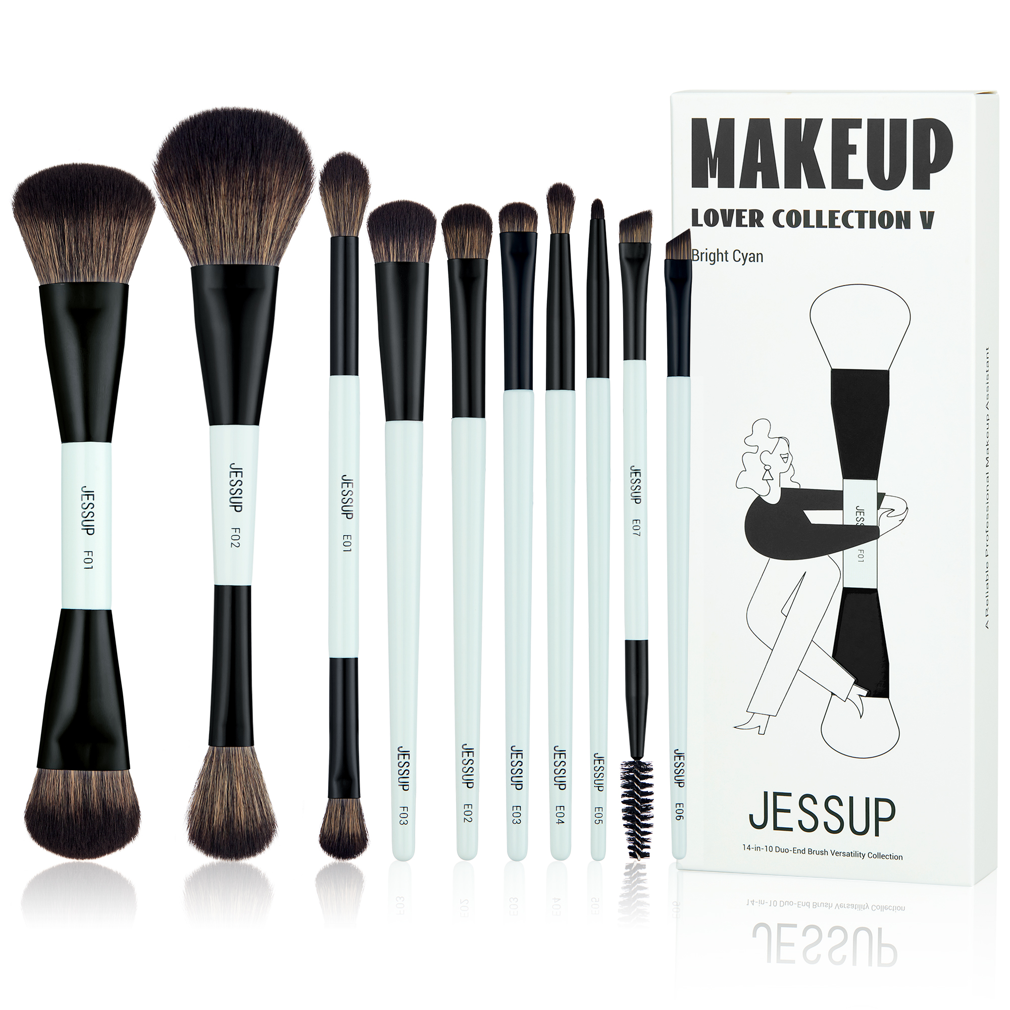 Jessup-Juego de brochas de maquillaje de doble cara, brochas para base, contorno, colorete, mezcla, sombra de cejas, fibra, cian brillante, T501: Gris
