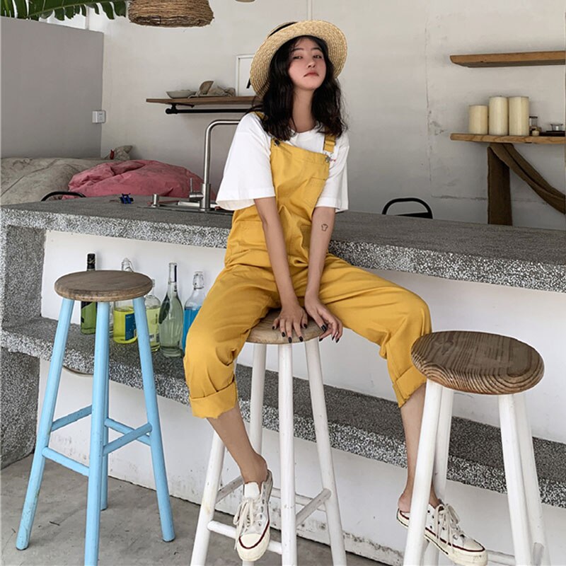 Plus size koreansk stor ficka lösa overaller streetwear femme hängslen dam hängslen svart gul jumpsuit med vida ben kvinnor  kz135