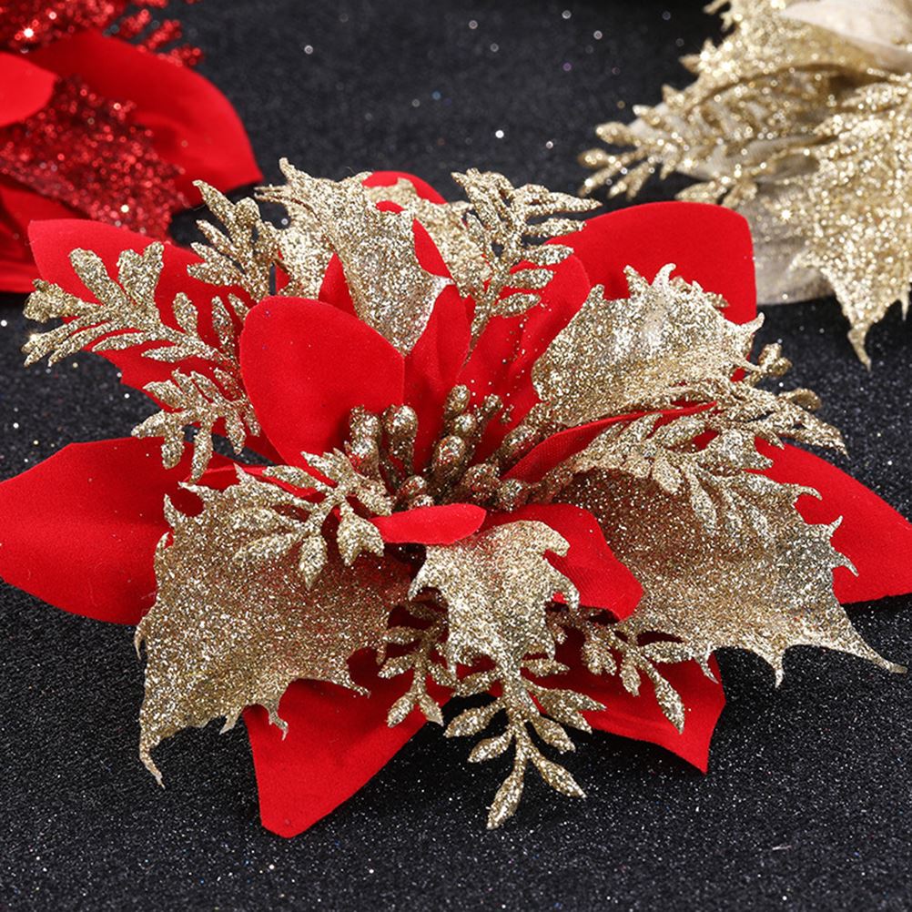 4Pcs Artificial Christmas Flowers Glitter Artificial Flowers Merry Christmas Tree Decorations Xmas Ornaments