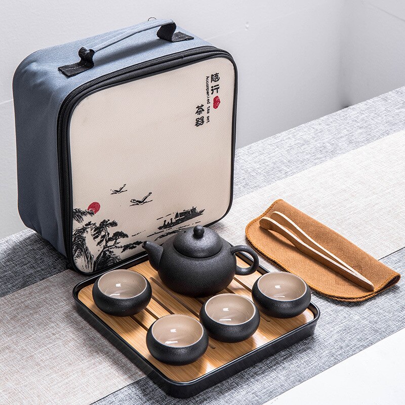 Kinesisk kung fu te sæt keramisk teservise bærbar tekande rejsende teservise med taske tesæt gaiwan te kopper te ceremoni: D