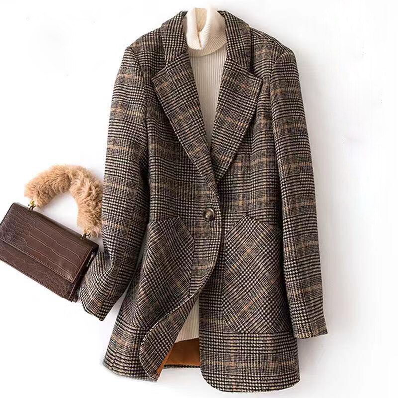 Vangull Mode Herfst Vrouwen Plaid Blazers Plus Size Single Button Tops Kantoor Dame Pak Slanke Vrouwelijke Blazers Jas: Coffee / XXXL