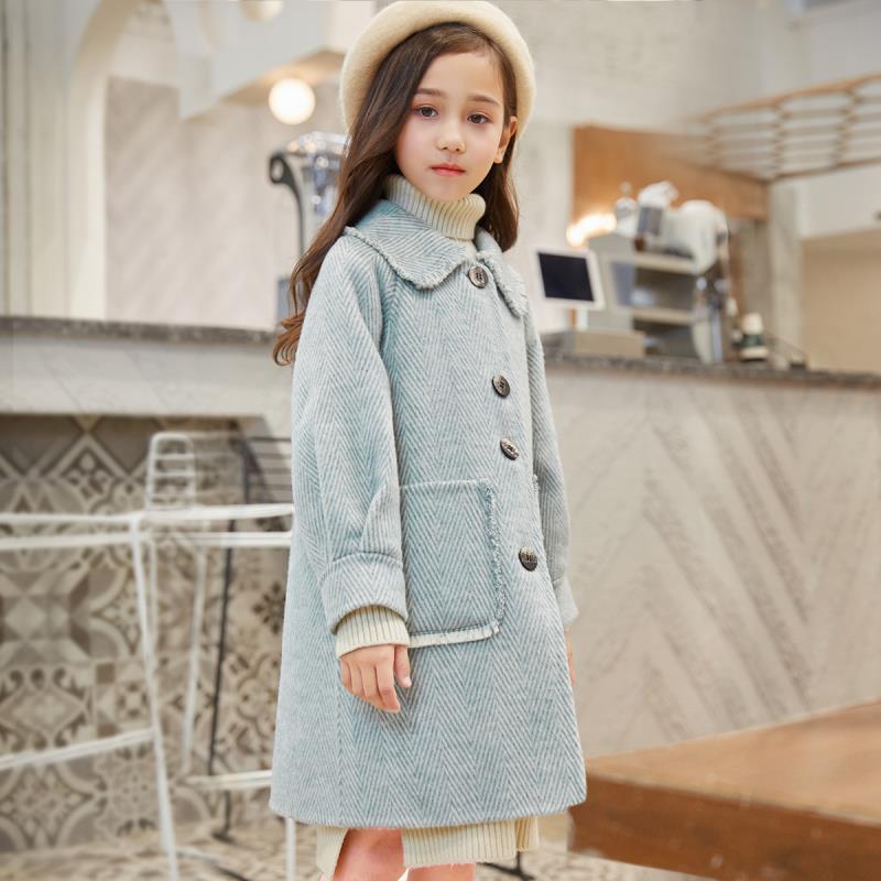 Children Girl Wool Coat Blends Jacket For Autumn Single-Breasted Turn Collar Big Pockets Solid Girls Coats