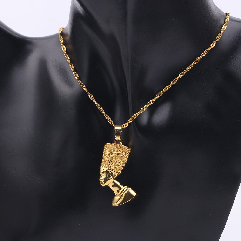 Exotic Egyptian Queen Nefertiti Pendant Necklaces for Women Men Jewelry Gold Color Jewellery African