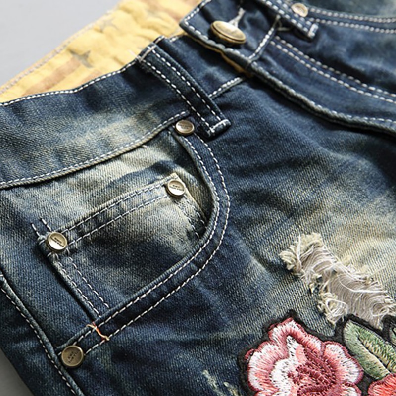Sokotoo – jean déchiré brodé de fleurs pour homme, pantalon en denim, coupe droite slim, troué