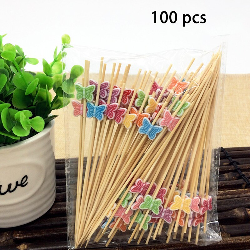 100 Stks/pak Cupcake Fruit Vork Draagbare Bamboe Party Dessert Stok Reizen Accessoires Liefde Patroon Voor Bruiloft Decor Wegwerp: color butterfly