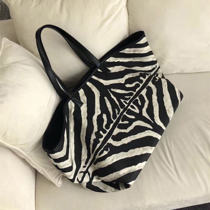 Bolsa listrada de ombro feminina, bolsa casual de mão com grande capacidade, estampada, zebra, nova, 2020