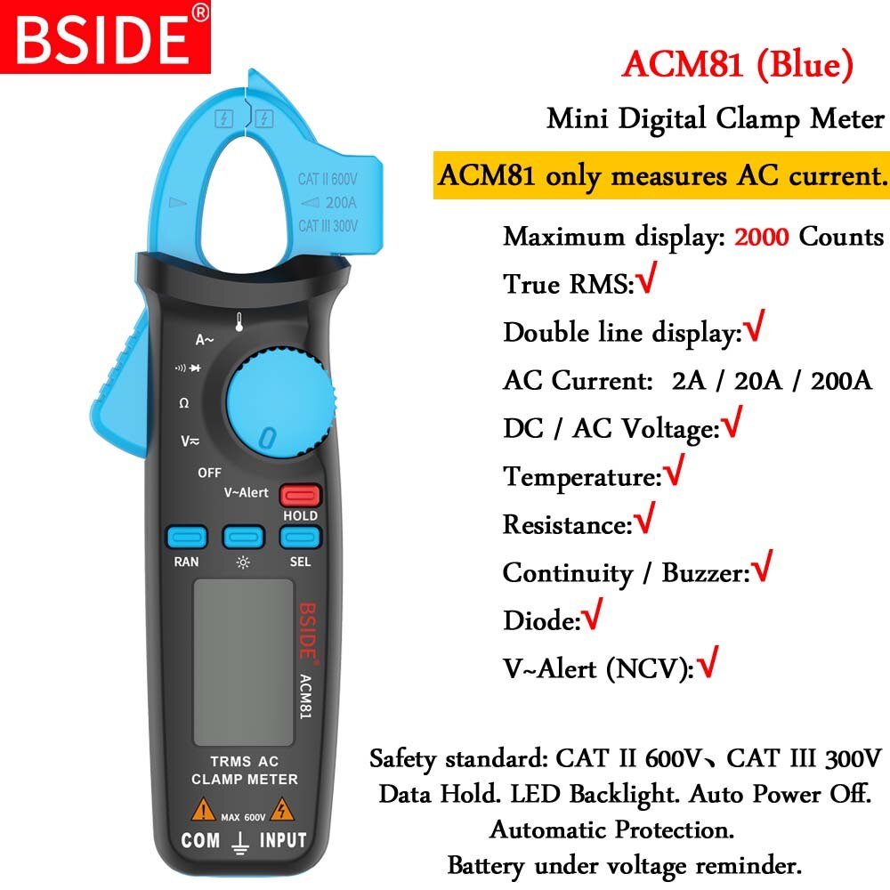 Mini digital clamp meter bside acm seriesdctemp kapacitans hz ncv tester amperemeter multimeter