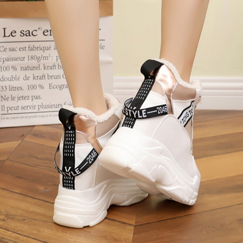 Kengät naiset nahka nauhat korkea toppi musta trendikäs tennarit alustan korkeuden lisäys kengät naiset nilkka talvi lämmin pehmolenkkari