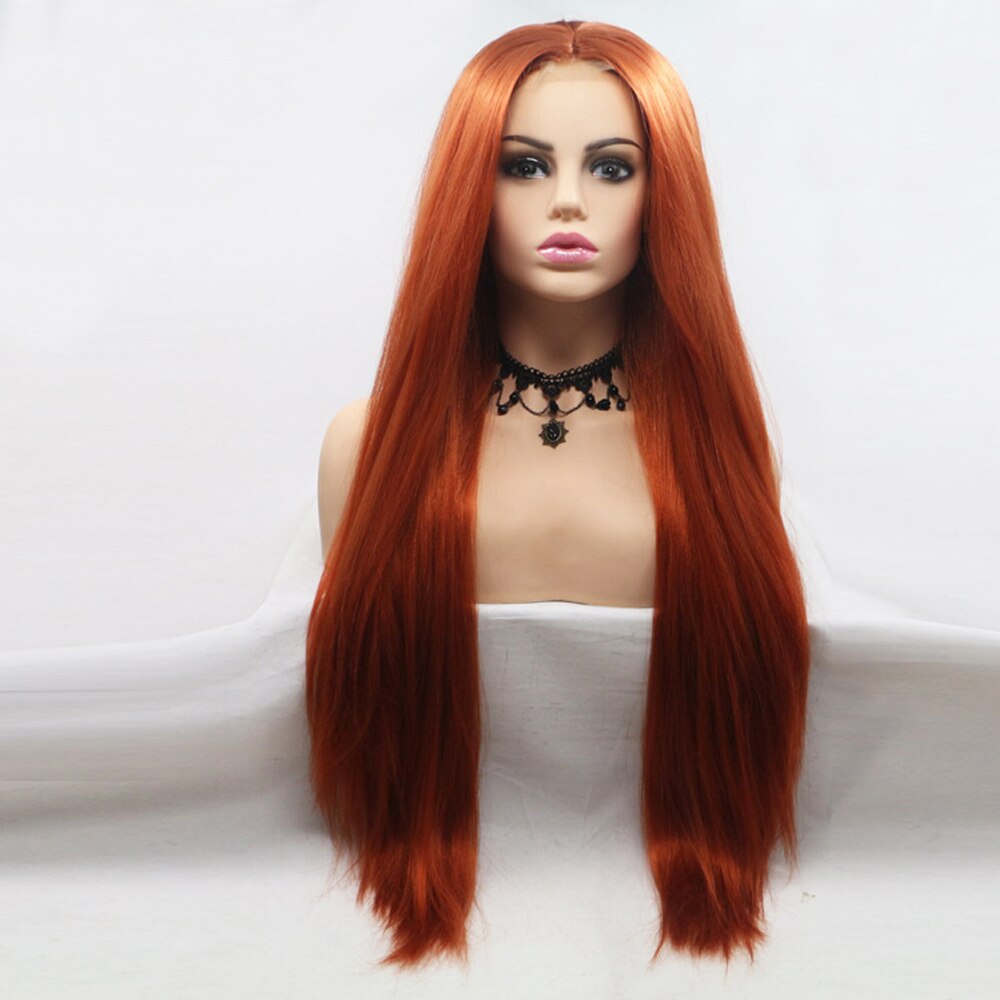 24 tommer lang lige sort paryk til kvinder naturligt udseende syntetisk fiber midterste del frontal blonde parykker til daglig fest: Orange lige