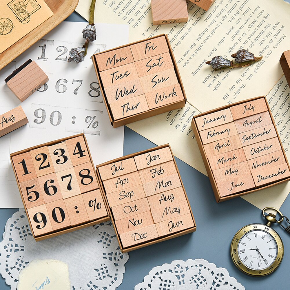 DIY Wooden Retro Vintage Month Week Planner Stamp Basic Function Series Digital Symbol Stamp Seal Stationery Office Supplies