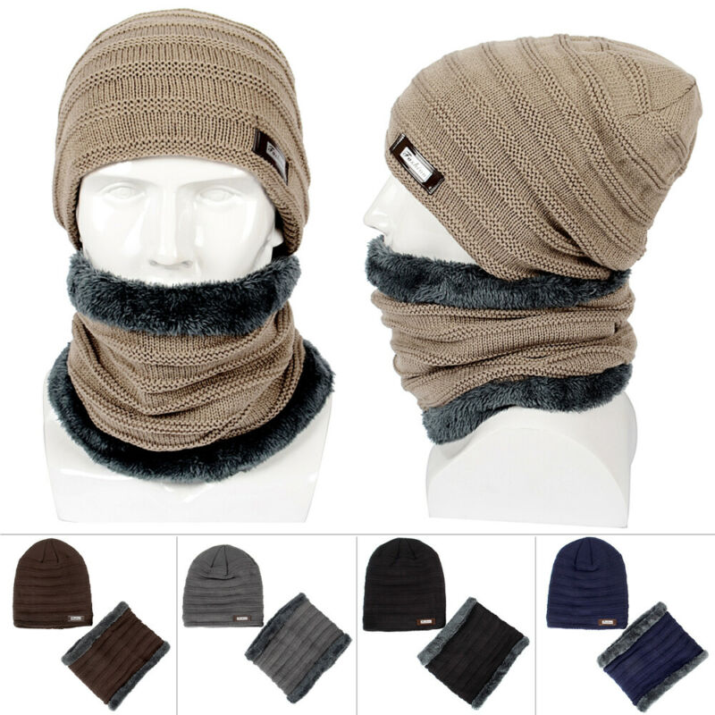 Mænd beanie strik hat vinter varm afslappet termisk slouchy ski cap fleece hals varmere sæt sort grå marineblå