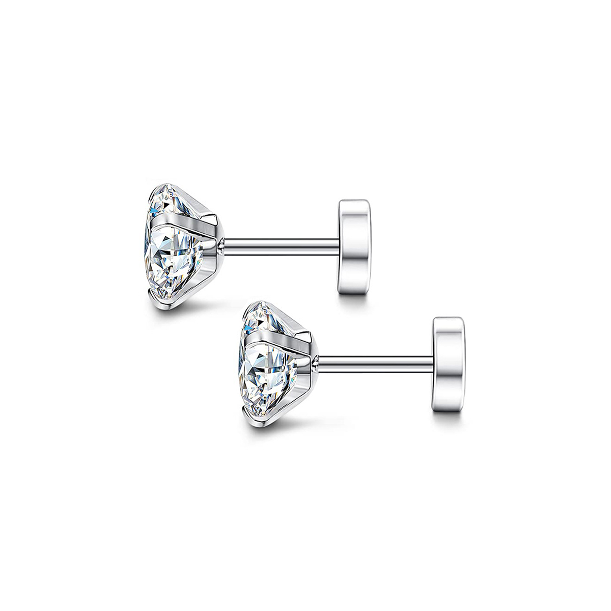 1Pair Stainless Steel Crystal Screw Back Stud Flat Earrings for Women Men Punk Cool Clear Cubic Zirconia Tiny Piercing Style: black / Rhodium Plated
