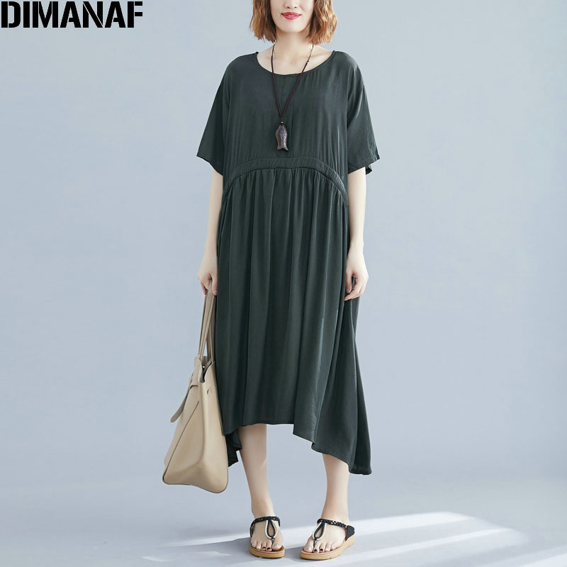 Dimanaf plus size damklänning sommar med bälte veckad bomull casual stil kvinnlig vestidos lös solid basklänning 4 färger