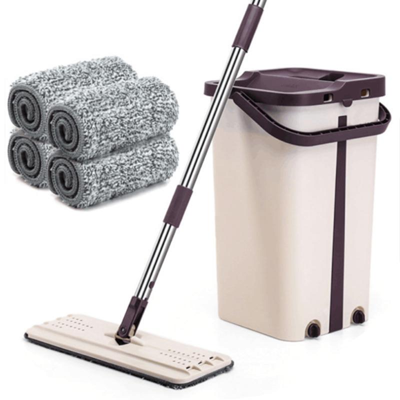 Flat Squeeze Floor Cleaning Mop with Bucket Hand-Free Wringing Mop Wet Dry Usage Automatic Spin Self Cleaning Mop Supply: 4 Mop and Mop Head
