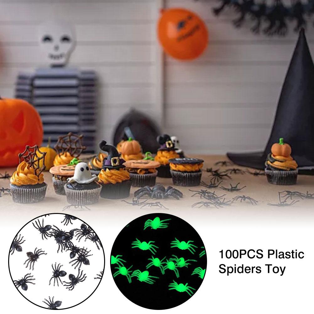 100 kpl halloween mini muovi musta valoisa hämähäkki vitsi vitsi syntymäpäivälelut diy koristeelliset hämähäkit juhlatarvikkeet