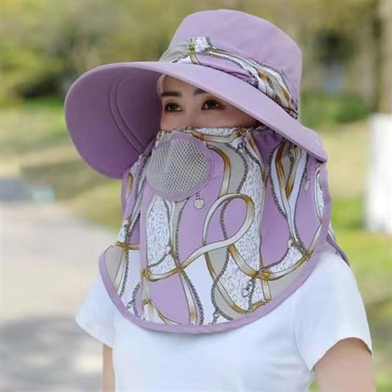 Sommer Frauen breite Krempe Gartenarbeit Schatten Hut Gesichts maske abnehmbare Sonnenhut Outdoor-Druck atmungsaktive Fischer Hut UV-Schutz: Black