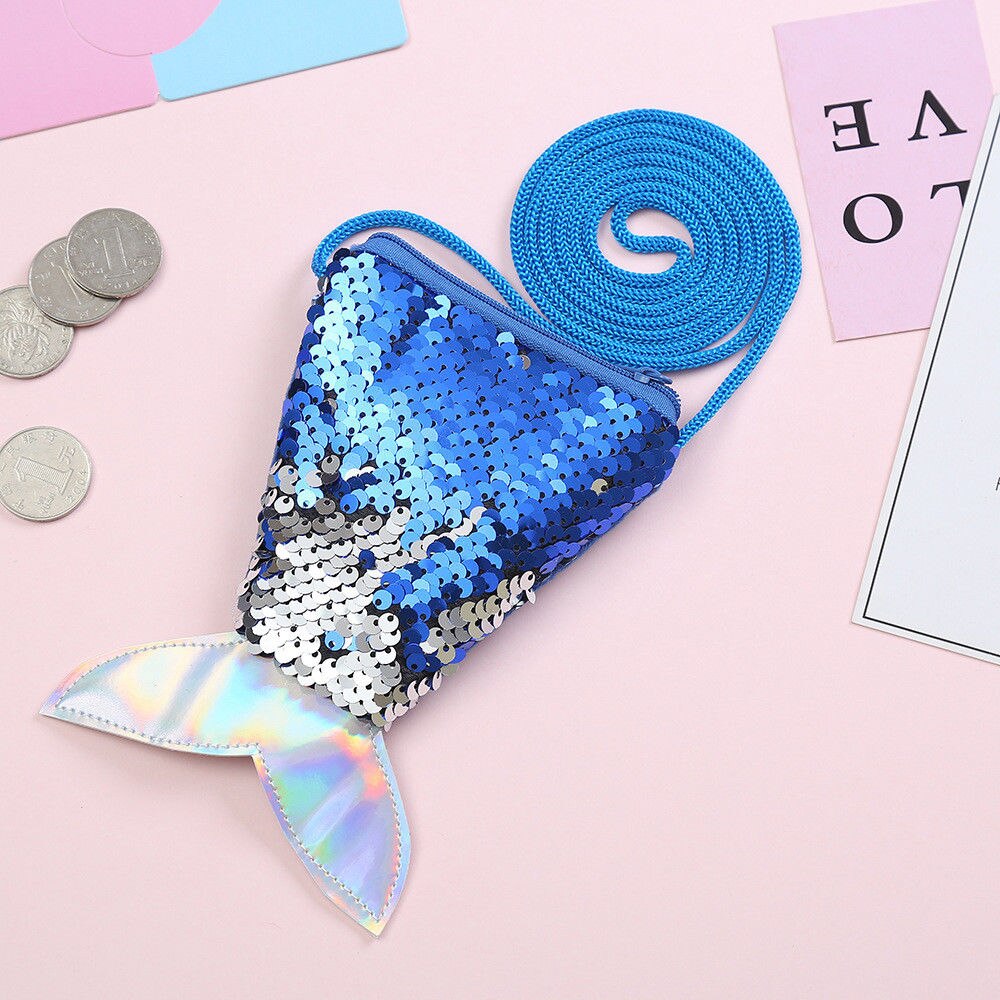 Kid Girls Handbag Sequins Mermaid Mini Messenger Bags Shoulder Bag Children Bag Travel Beach Bag: Blue