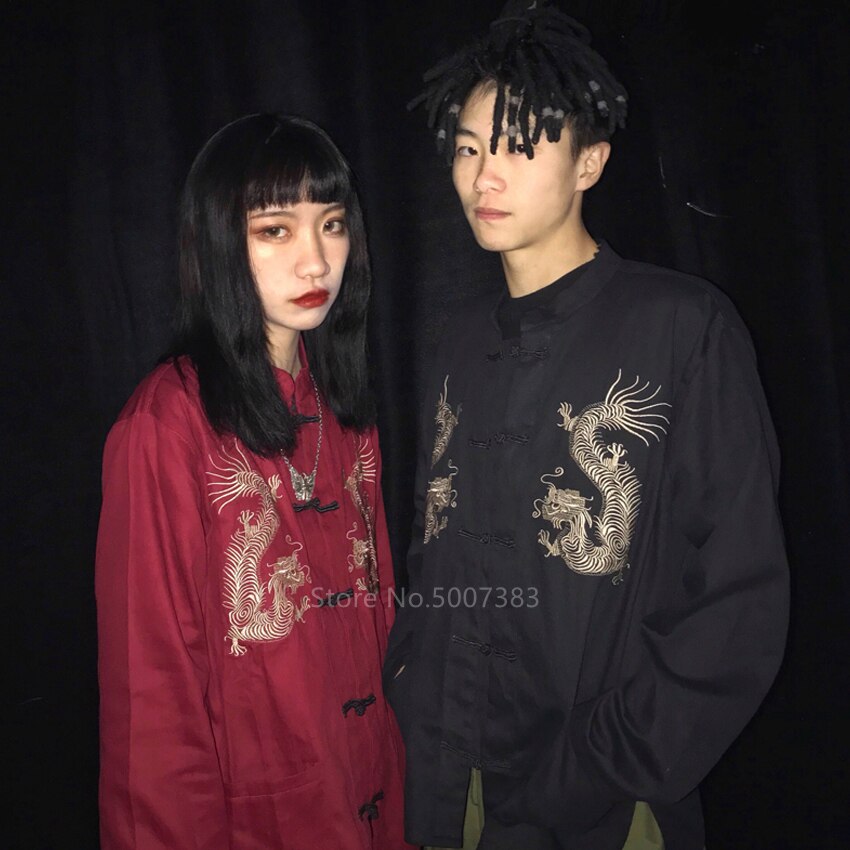 Ropa tradicional china de Bordado de dragón, chaqueta Tang para mujer y hombre, ropa elástica, Kimono, blusa Vintage, Top para parejas,