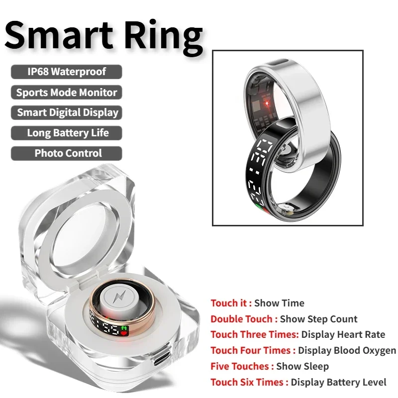 SR08 Smart Ring voor heren Dames LED-scherm Hartslag Bloedzuurstofmonitoring Multisportmodi IP68 en 5ATM Waterdicht