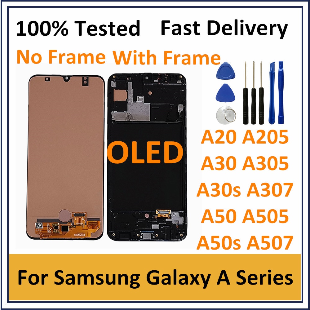 OLED Con Cornice Display A CRISTALLI LIQUIDI Per Samsung Galaxy A20 A30 A30S LCD Screen Display Touch Digitizer Per Samsung A50 A50S schermo LCD