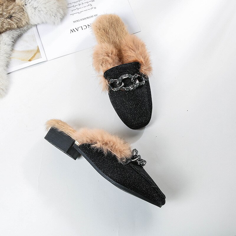 Women Glitter Slides Home Winter Fur Slippers Paillette Furry Flipflops Ladies Low Square Heels Mules Cover Toe Rabbit Fur Shoes: Black / 6.5