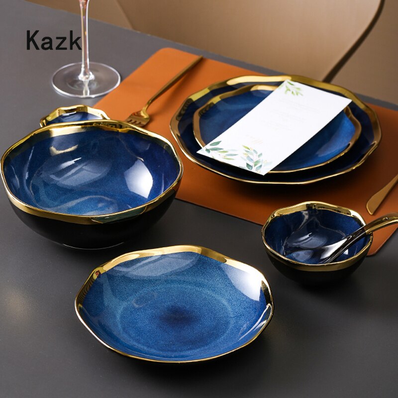 Nordic Blue Glaze Ceramic Dinner Plates and Bowls Irregular Phnom Penh Steak Plate Dessert Snack Dishes Home Tableware