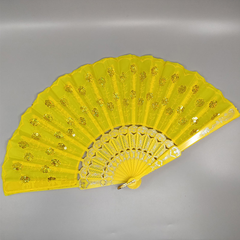 Art Folding Tail Feather Plastic Bone Sequins Carved Hand Fan Summer Accessory Crafts Print Home Decor Embroidery: YELLOW