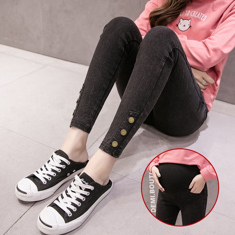 Lente Gravidas Verpleging Broek Stretch Denim Moederschap Jeans Voor Zwangere Vrouwen Broek Skinny Knop Zwangerschap Jeans Broek: Black / L