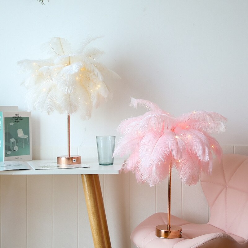 Bricolage plume lampe de Table blanc lumière arbre plume abat-jour fille LED mariage lumières décoratives rose