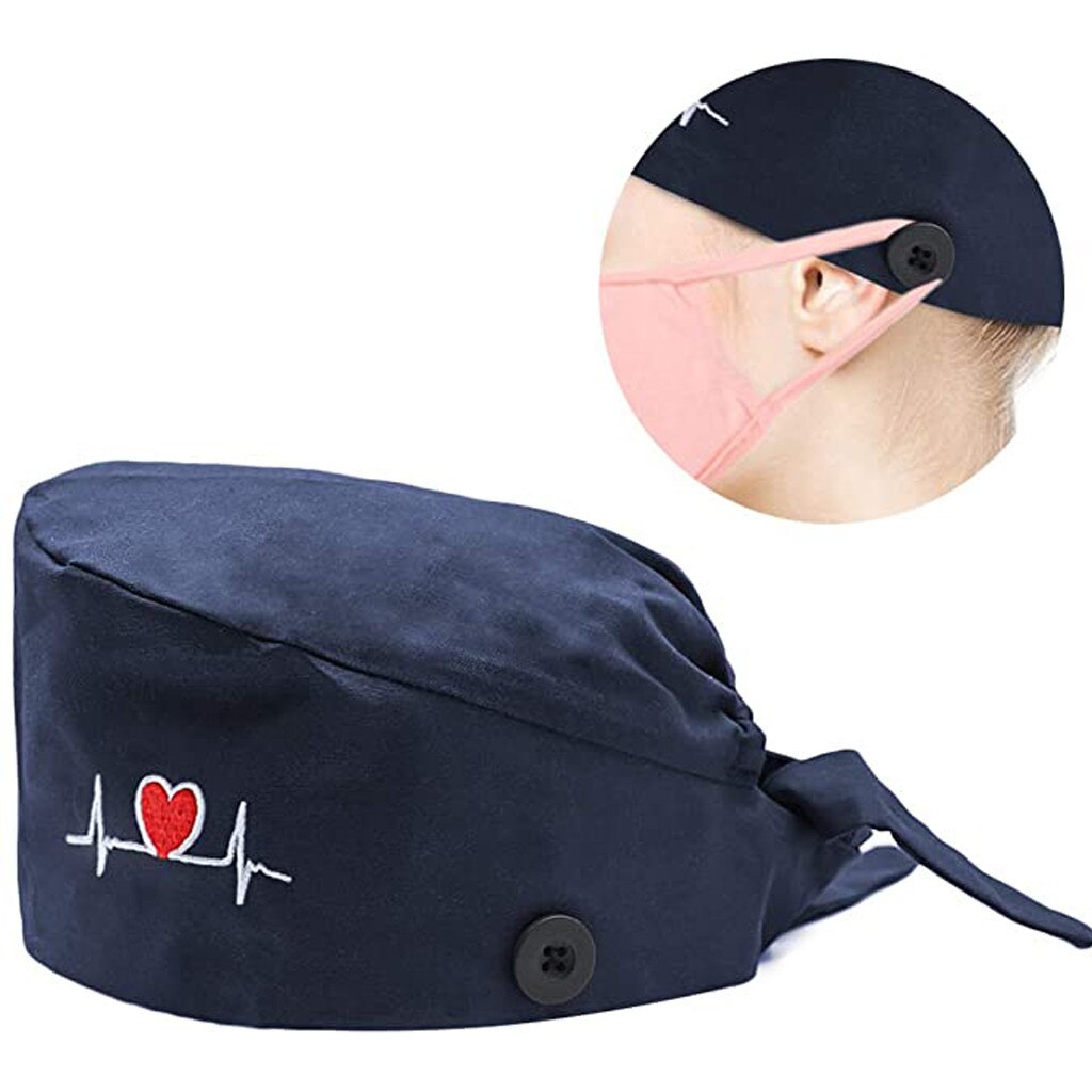 Verpleegkundige Hoeden Caps Voor Vrouwen Gorros Quirurgicos Bloem Pluizige Sanitaire Beanie Met Zweet-Proof Riem Cartoon Print Verpleging Frosted: Marineblauw