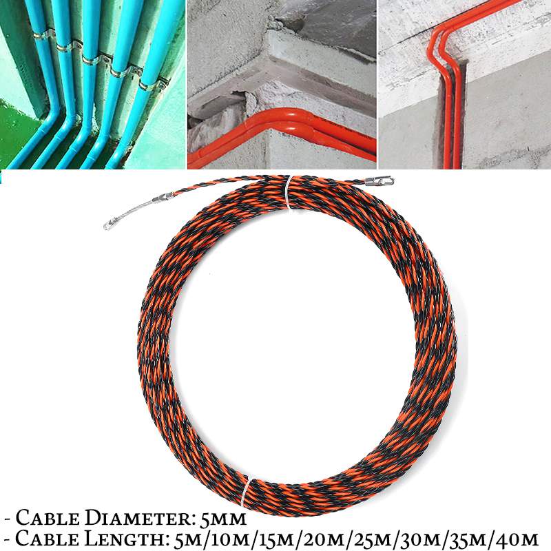 5-40m 5mm styringsanordning glasfiber elektrisk kabel skubtrækkere kanal slangestang fisketape ledning  +2 stk kabelspænder