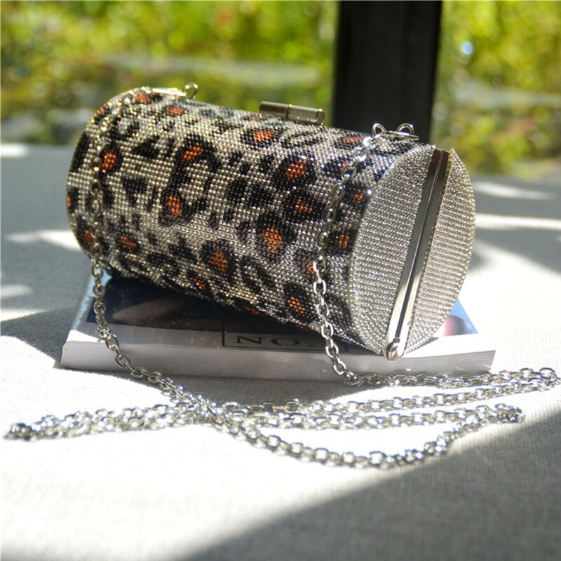 Leopard Rhinestone Chain Mini Evening Shoulder Bag for Women Cans Wedding Party Clutch Purse Handbag