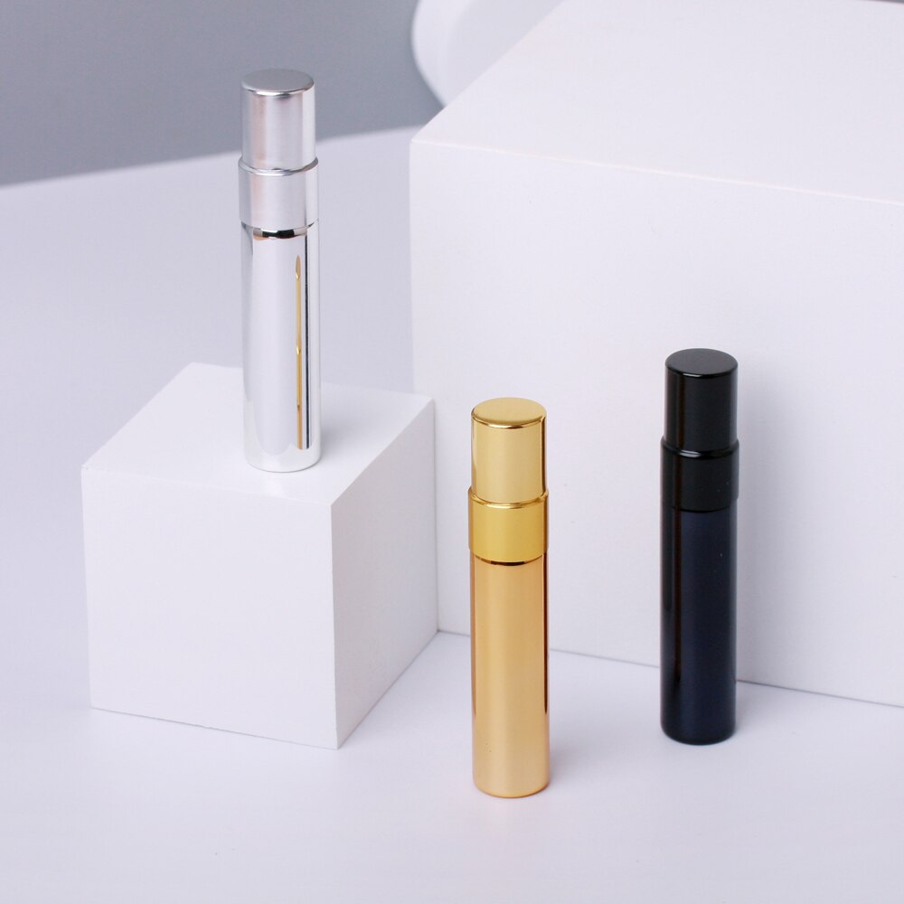 100 sztuk/partia 5ml mini butelka perfum aluminiowe butelki z atomizerem próbką puste złoto srebro czarne szklane fiolki
